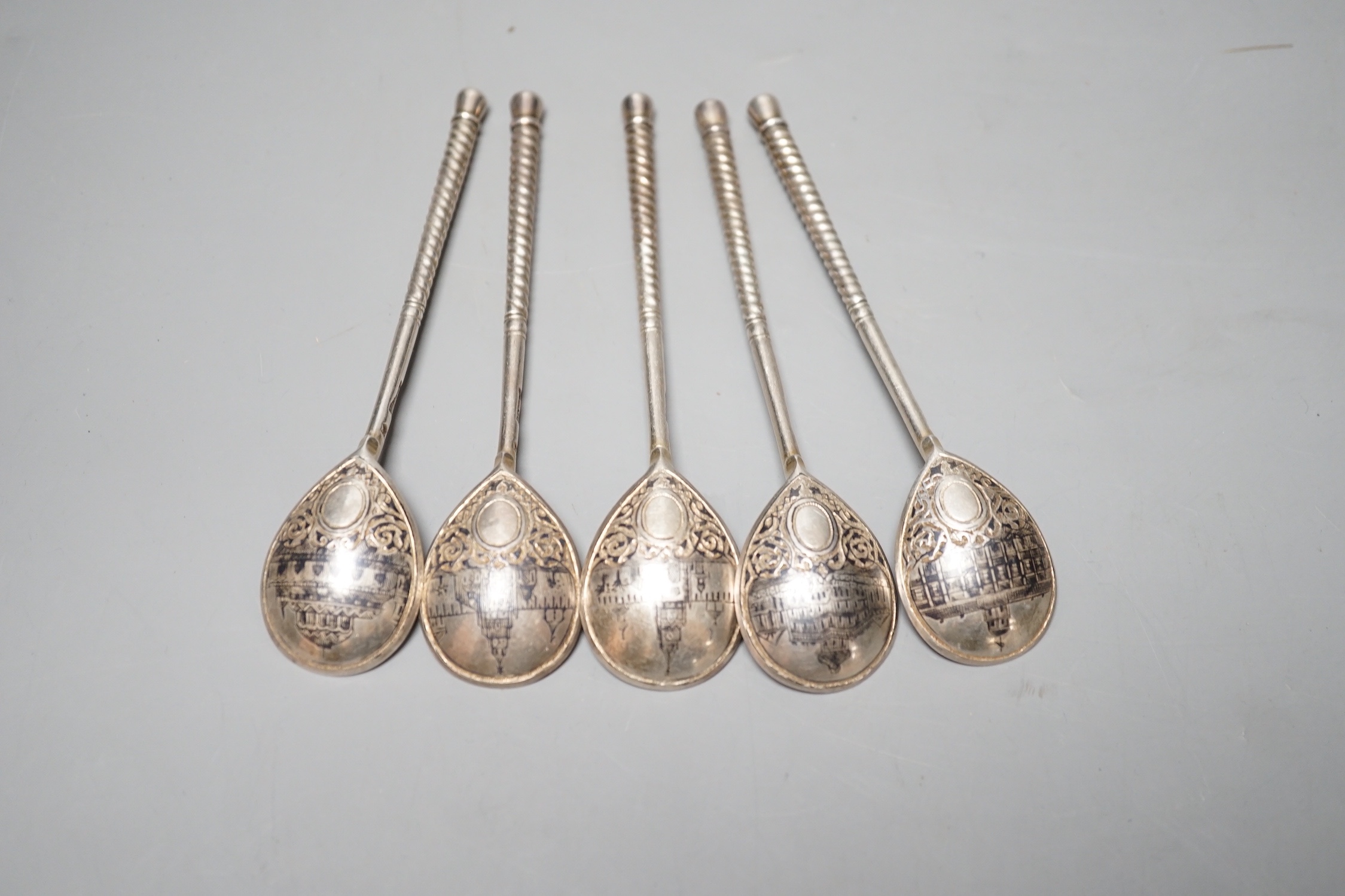 A set of five late 19th century Russian 84 zolotnik and niello spoons, 1875, 12.7cm, gross 135 - Image 2 of 3