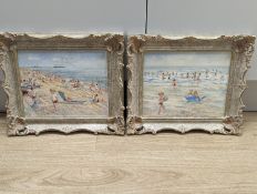 Pauline Brown (b.1926), pair of oil on boards, depicting Brighton Summer beach-scapes, signed, 19