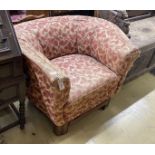 An Art Deco upholstered walnut large tub framed chair in the style of Betty Joel, width 102cm, depth