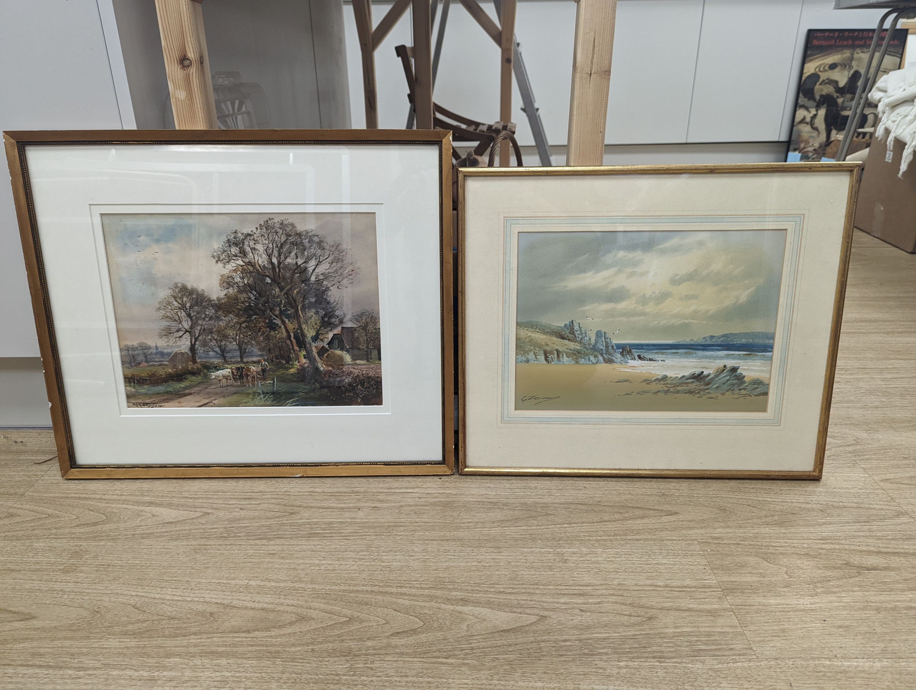 Two early 20th century watercolours depicting seascape and cattle drover, both signed, 25 x 35cm, 27