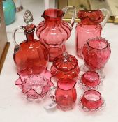 Two tall Victorian cranberry glass jugs, a decanter, a powder bowl ad four other items,tallest