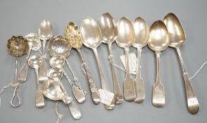 A small collection of 18th century and later silver flatware, including a table spoon by Thomas