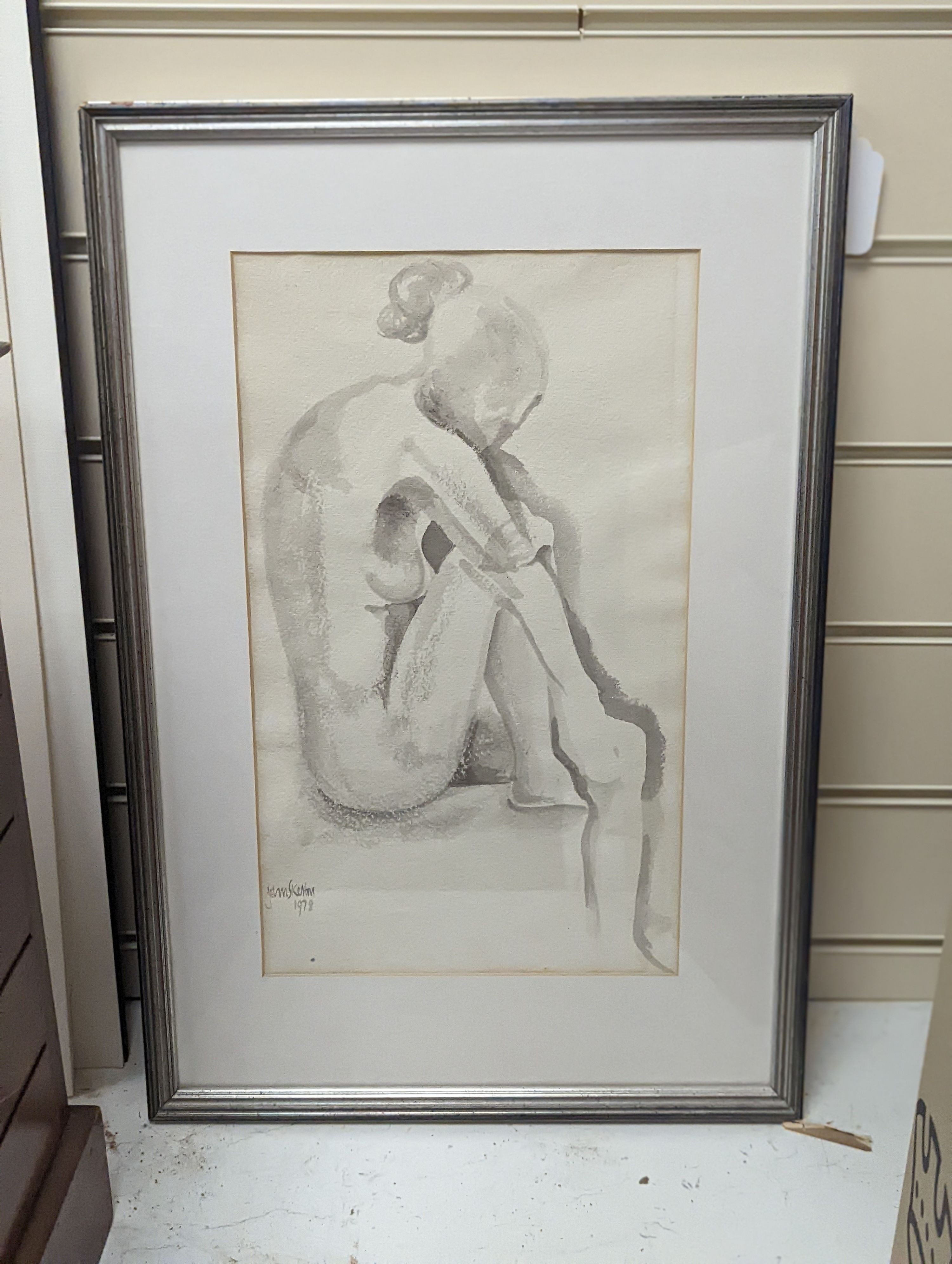 John Skelton (1923-2009), wash drawing, nude seated, signed and dated 1978, 37 cm X 21.5 cm - Image 2 of 4
