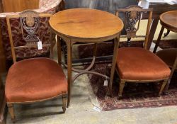 A pair of Edwardian marquetry inlaid mahogany drawing room side chairs and an Edwardian satinwood