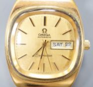 A gentleman's gold plated Omega Seamaster Automatic wrist watch, on Omega brown leather strap,