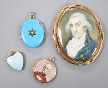 A 19th century yellow metal miniature oval portrait mourning brooch, 54mm, two enamelled lockets(a.