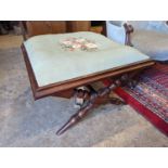 A Victorian mahogany X frame stool with tapestry top, length 65cm, depth 65cm, height 36cm