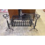 A wrought iron fire basket, width 71cm, depth 41cm, height 36cm and a pair of fire dogs