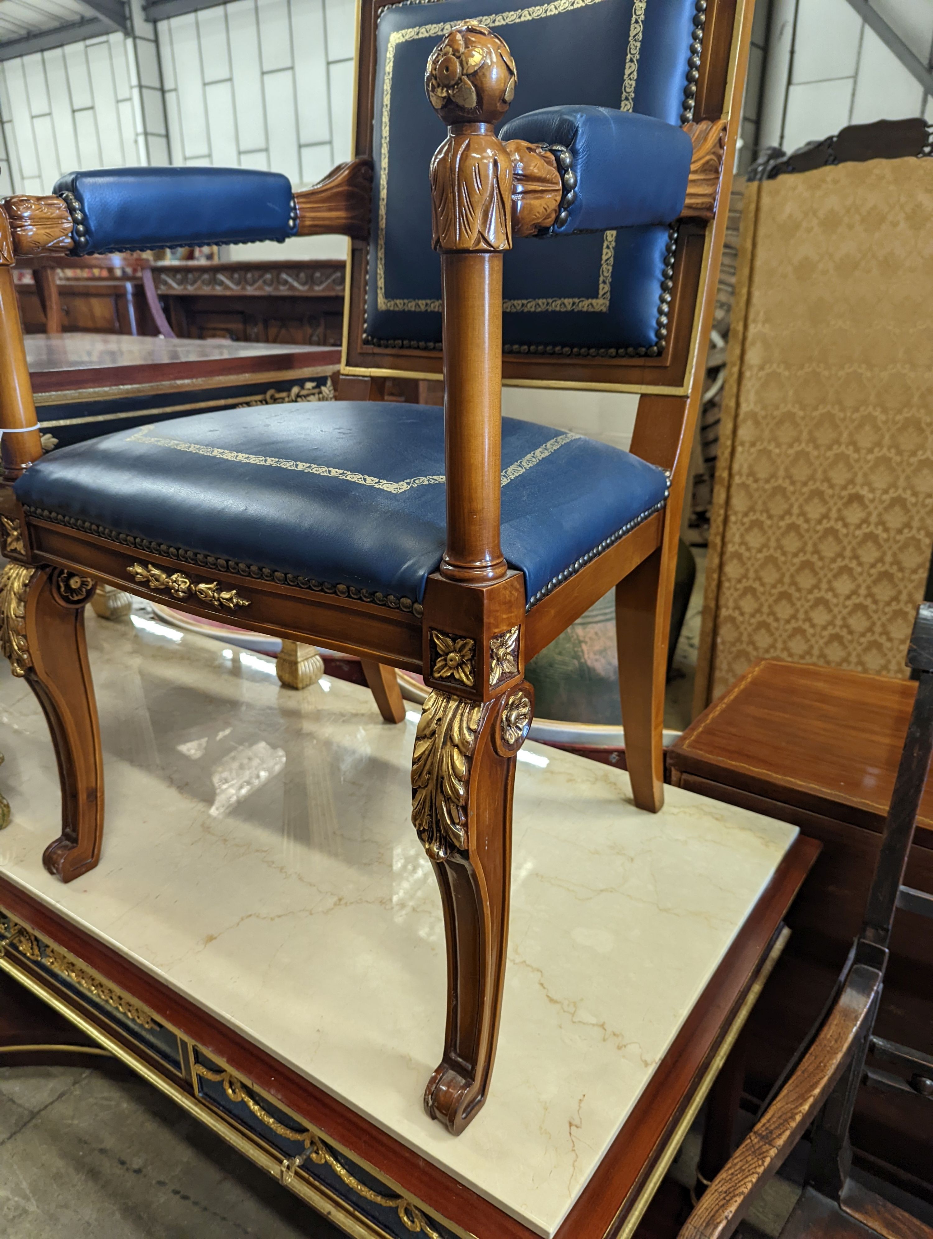 An Empire style parcel gilt mahogany elbow chair together with a similar square low occasional - Image 2 of 8