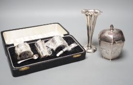 A George V silver hexagonal tea caddy, Sheffield, 1919, 10.5cm, a silver posy vase and a cased three