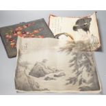 Two Japanese watercolours, a Kotozuka Eiichi woodblock print, a Japanese brocade panel and a book