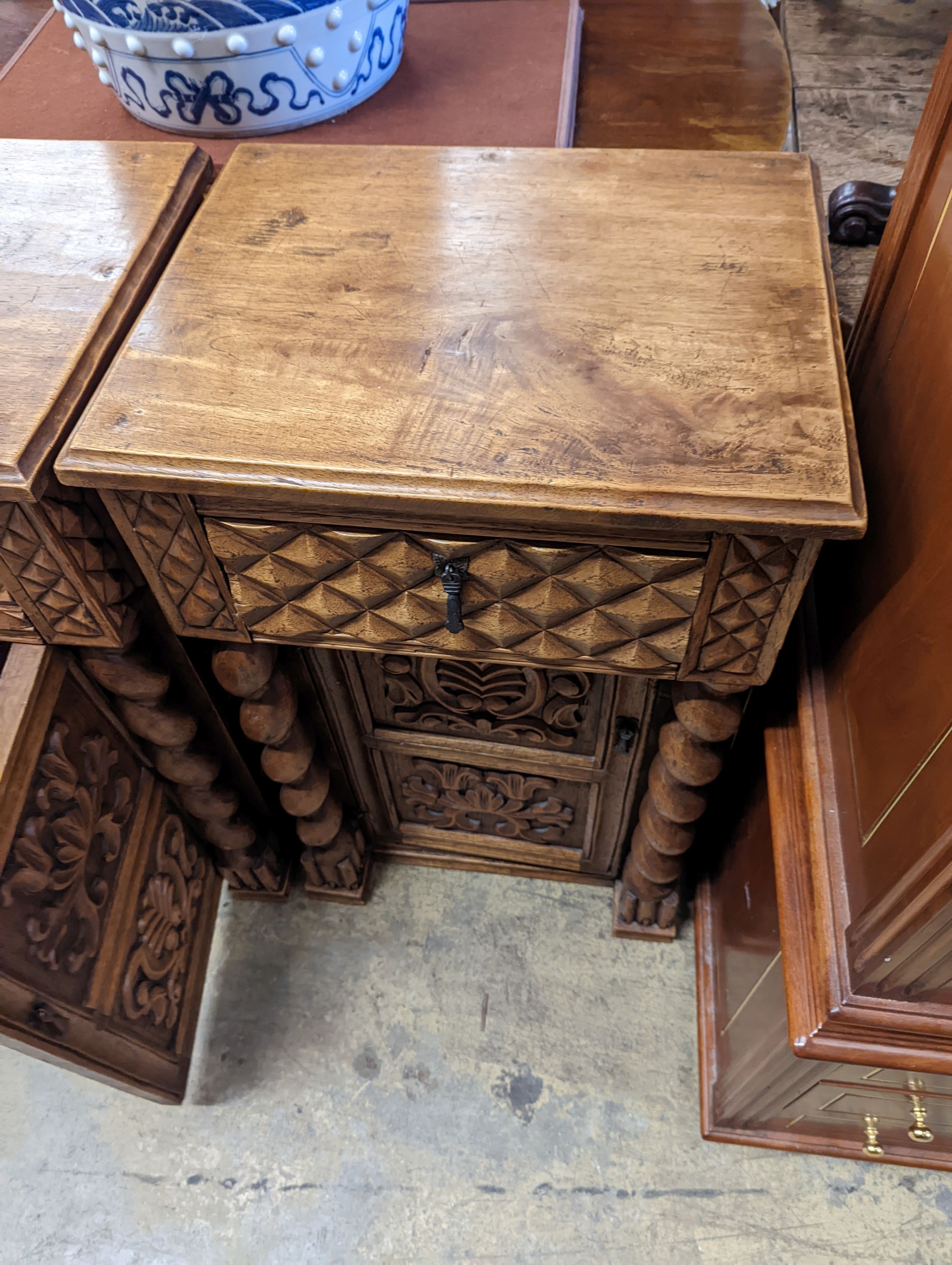 A pair of Spanish style carved walnut bedside cabinets, width 48cm, depth 38cm, height 79cm - Image 2 of 4