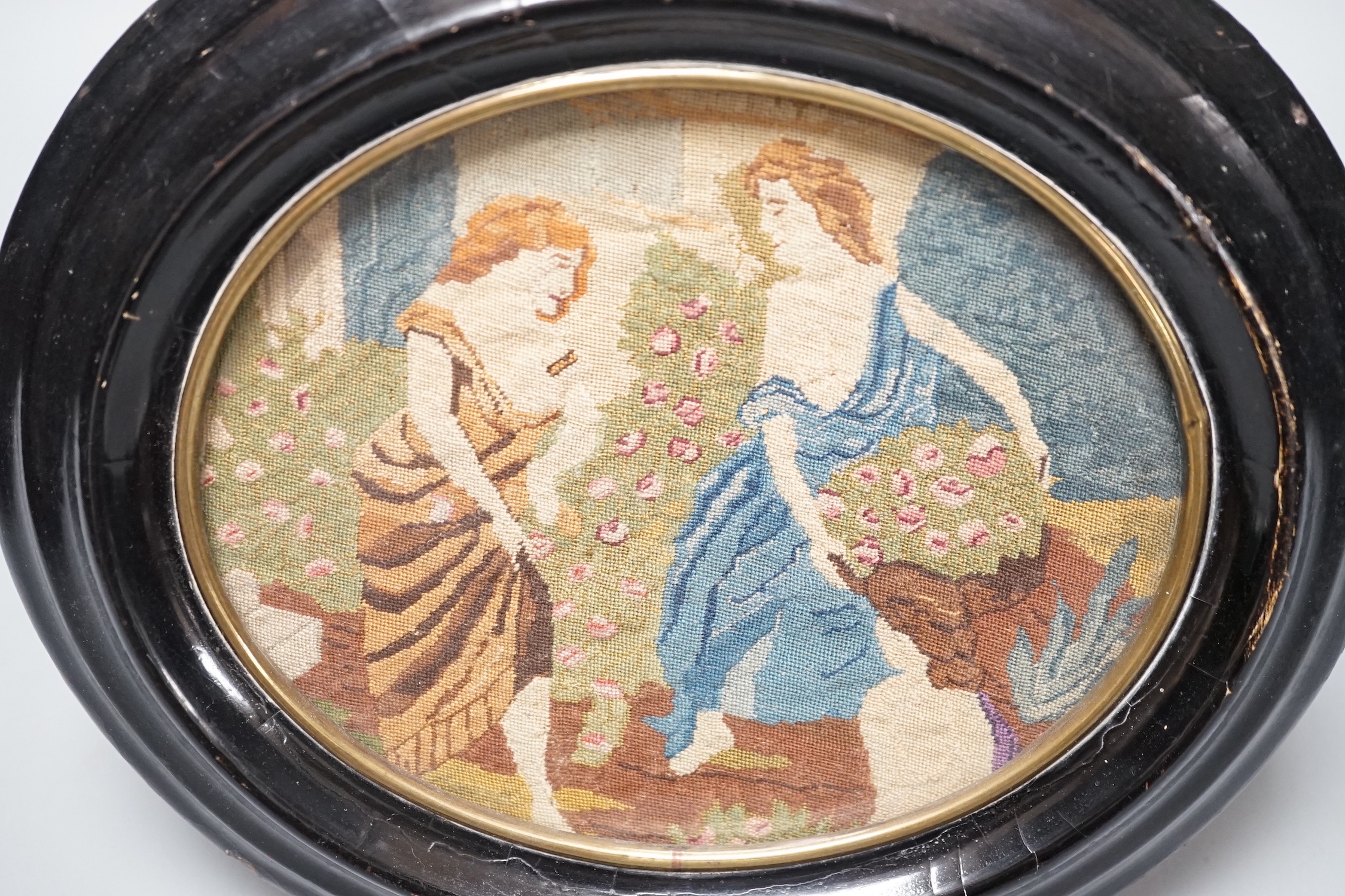 A 19th century oval petit point needlework picture, depicting women collecting flowers 12x15cm - Image 4 of 5