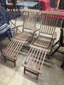 A pair of brass mounted teak garden steamer chairs, length 140cm, depth 58cm