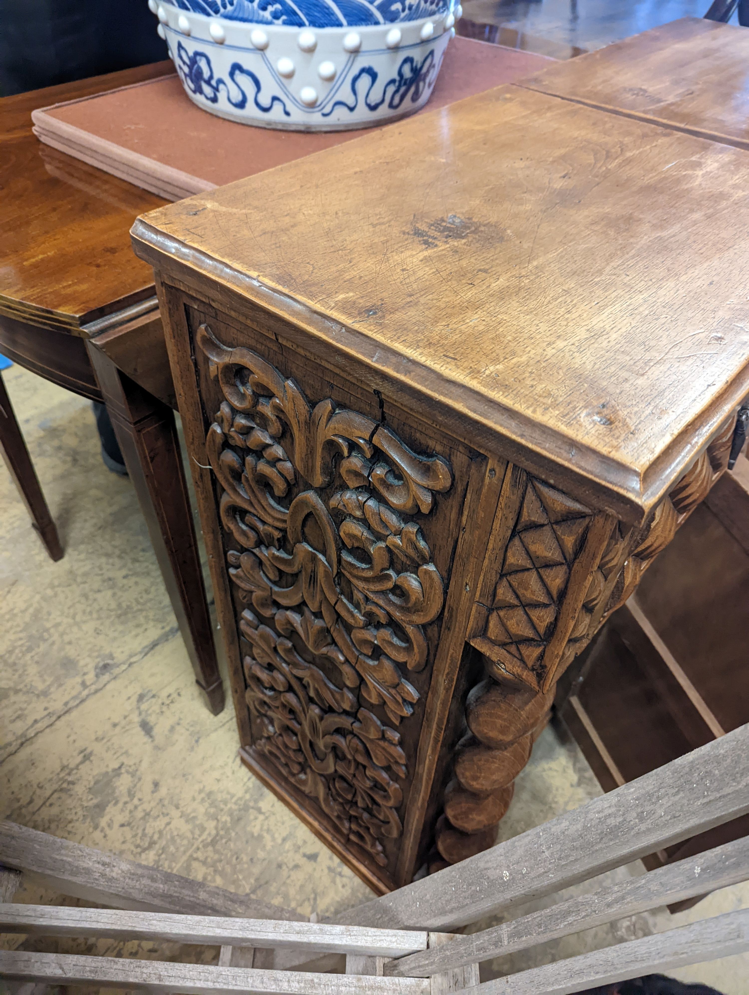 A pair of Spanish style carved walnut bedside cabinets, width 48cm, depth 38cm, height 79cm - Image 4 of 4