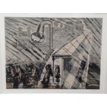 After Edward Bawden (1903- 1989), limited edition print, Fishermen on the wharf, 7/950, 34 x 43cm