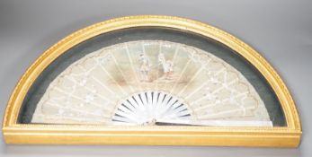 A framed Victorian figuratively painted fan with mother of pearl guards