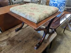 An early Victorian rectangular rosewood X frame dressing stool, length 59cm, depth 48cm, height