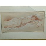 Franco Matania (1922-2006), sepia and white chalk, Sleeping female nude, signed, 21 x 46cm