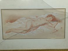 Franco Matania (1922-2006), sepia and white chalk, Sleeping female nude, signed, 21 x 46cm