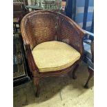 A pair of French mahogany bergere tub chairs, width 62cm, depth 50cm, height 86cm