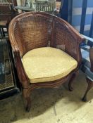 A pair of French mahogany bergere tub chairs, width 62cm, depth 50cm, height 86cm