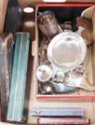 Assorted plated wares including canteen of cutlery, cased sets etc.