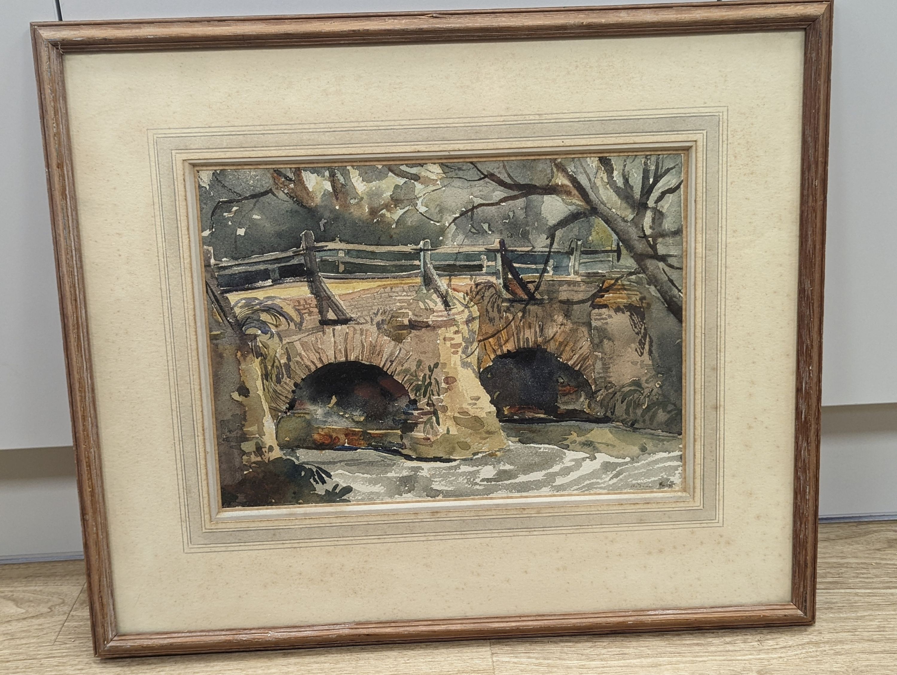 Adrian Bury (1891-1991), watercolour, Stone bridge, signed, 27 x 38cm - Image 2 of 4