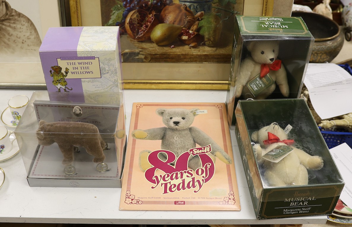 Three modern Steiff Teddy bears, and Steiff Wind in the Willows Ratty, also Steiff poster,Poster