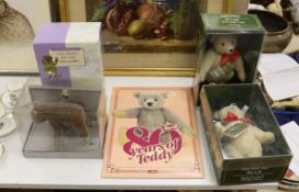 Three modern Steiff Teddy bears, and Steiff Wind in the Willows Ratty, also Steiff poster,Poster