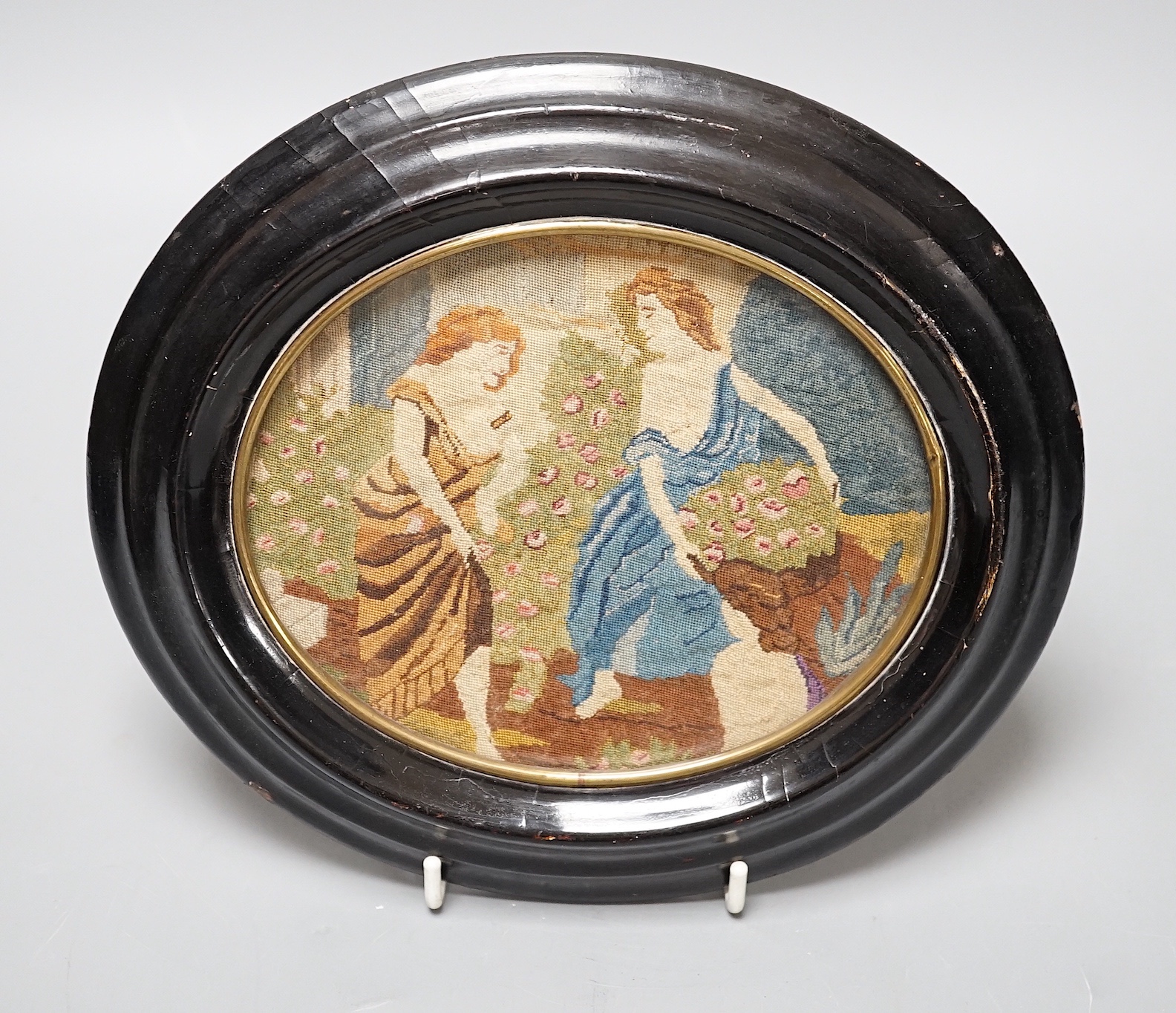 A 19th century oval petit point needlework picture, depicting women collecting flowers 12x15cm - Image 3 of 5