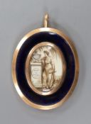 A Regency yellow metal, blue guilloche enamel and plaited hair mourning pendant, with inset ivory