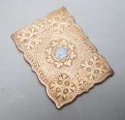 A Victorian engraved silver card case with initialled enamelled applique, Hilliard & Thomasson,