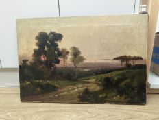 Jack M. Ducker (Jamieson), oil on canvas, Travellers on heathland at sunset, signed, 41 x 61cm,