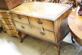 A Queen Anne style walnut chest of three drawers on cabriole legs, width 111cm, depth 56cm, height