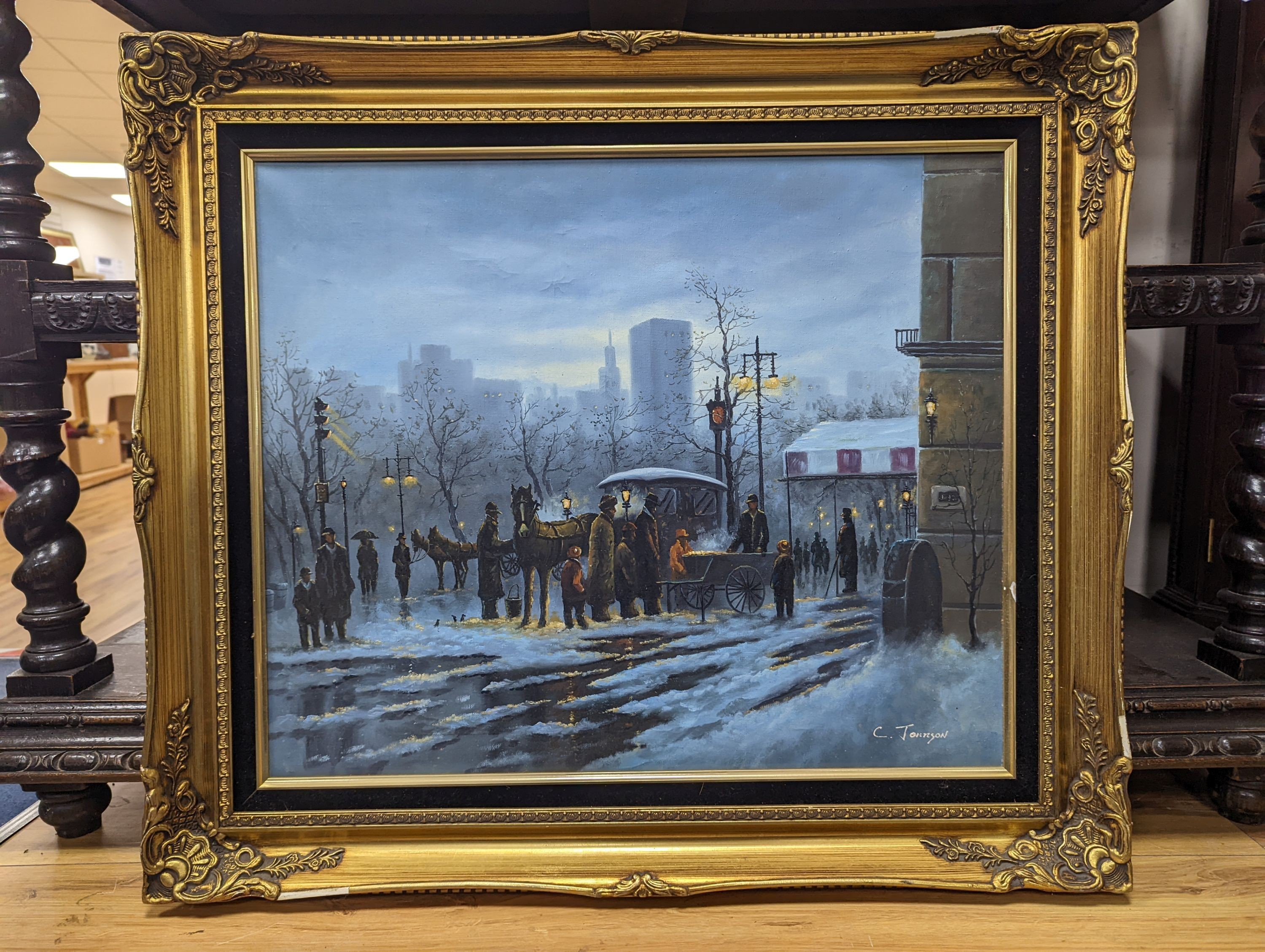 C. Jonnson - modern oil on canvas, Winter town scene, 49.5 x 59.5cm - Image 2 of 4