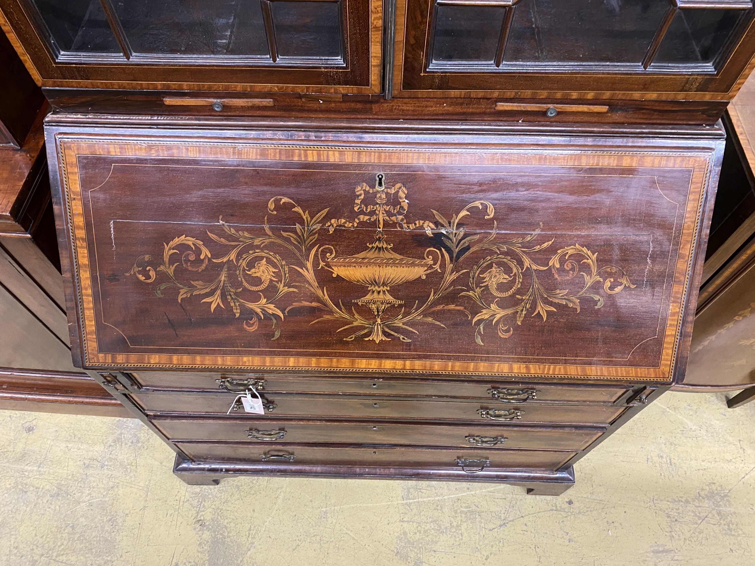 An Edwardian satinwood banded marquetry inlaid mahogany bureau bookcase, length 96cm, depth 55cm, - Image 2 of 2