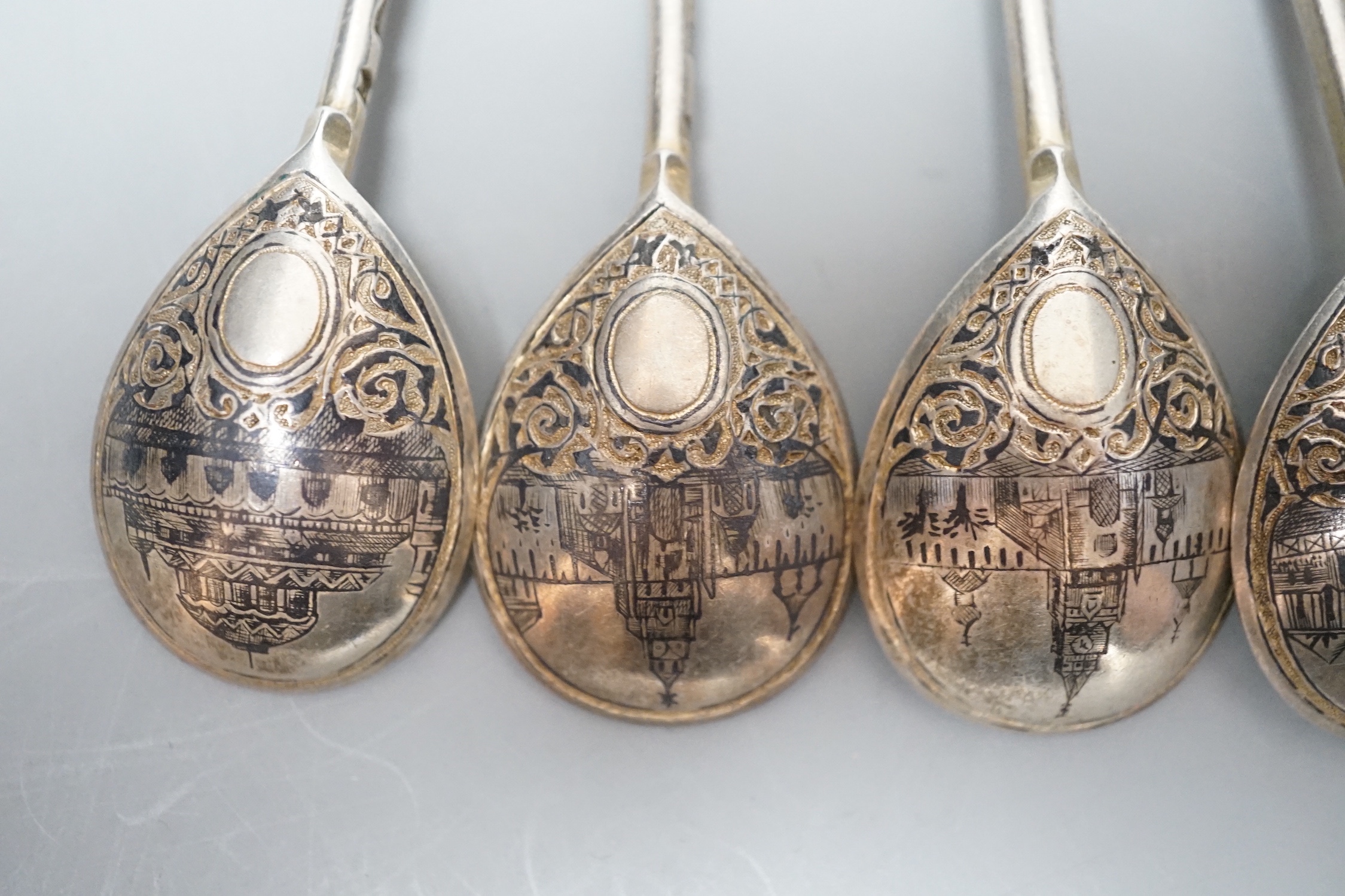 A set of five late 19th century Russian 84 zolotnik and niello spoons, 1875, 12.7cm, gross 135 - Image 3 of 3