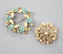 An Edwardian 9ct and seed pearl set brooch, 23mm and a yellow metal and turquoise set wreath brooch,