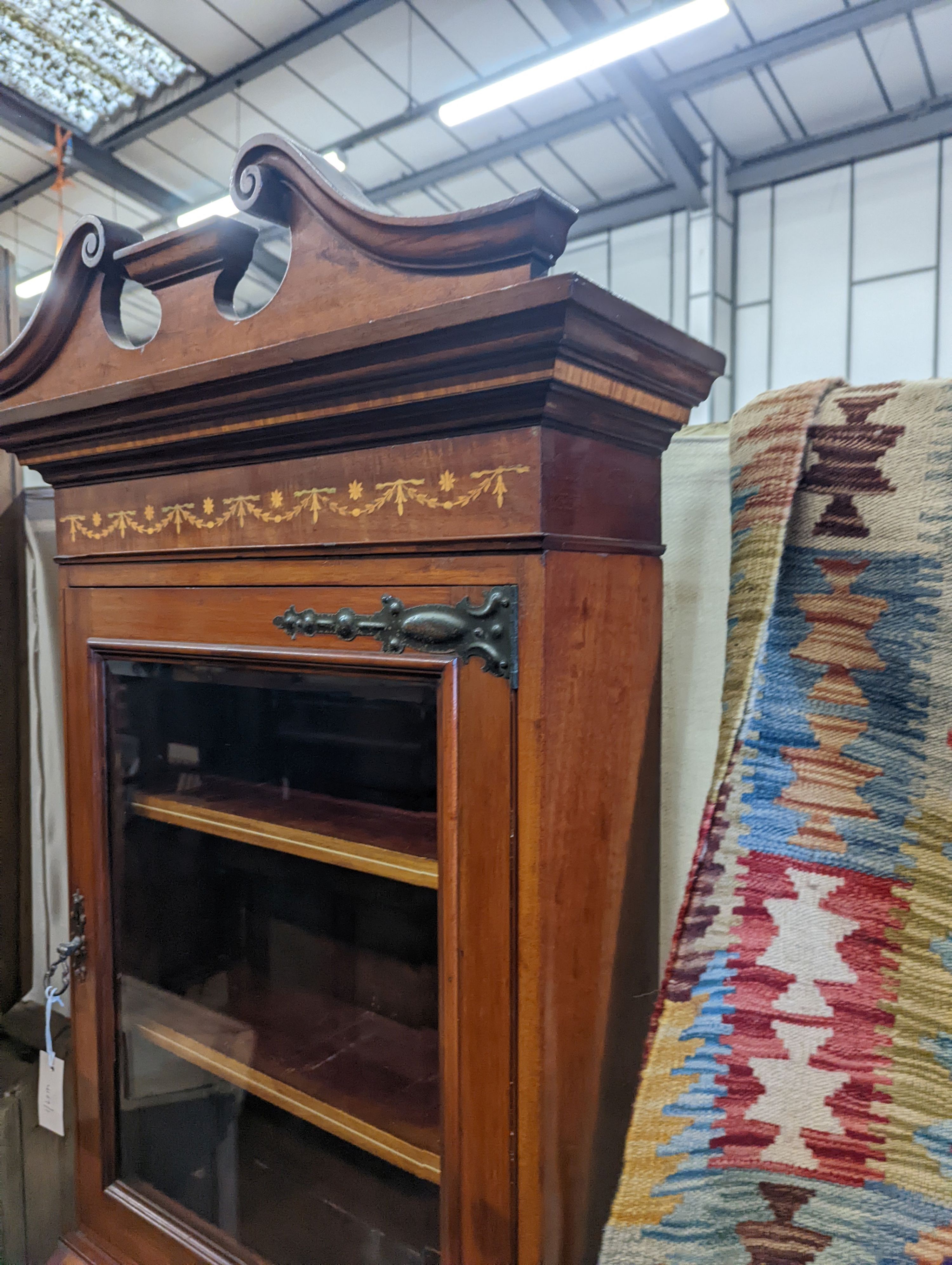 An Edwardian marquetry inlaid satinwood banded mahogany bureau bookcase of narrow proportions, width - Image 2 of 6