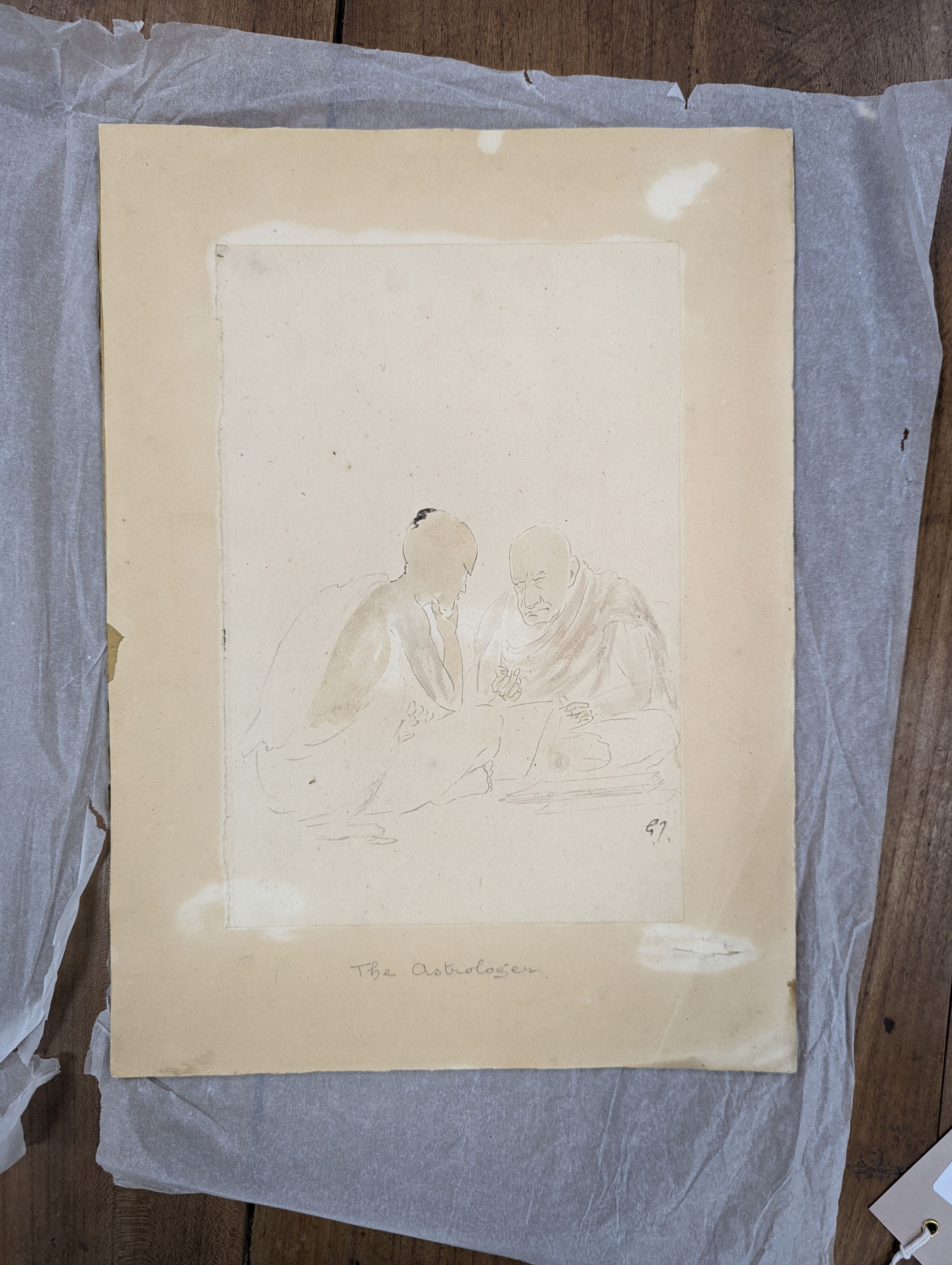 Modern British, ink and watercolour, 'The Astrologer', initialled G.J, 24 x 16cm. unframed. - Bild 2 aus 3