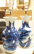 A pair of 20th century Chinese blue and white porcelain table lamps,43 cms high excluding light
