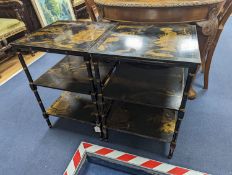 A pair of Regency style chinoiserie lacquer square three tier occasional tables, width 45cm,