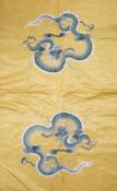 An early 20th century Chinese gold satin panel embroidered with two silk dragons, in couch work,