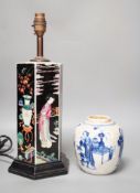 A Chinese famille noire hexagonal vase mounted as a lamp, total height 39 cm and a blue and white
