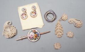 A suite of yellow metal and micro mosaic jewellery comprising a brooch, 72mm and pair of earrings,