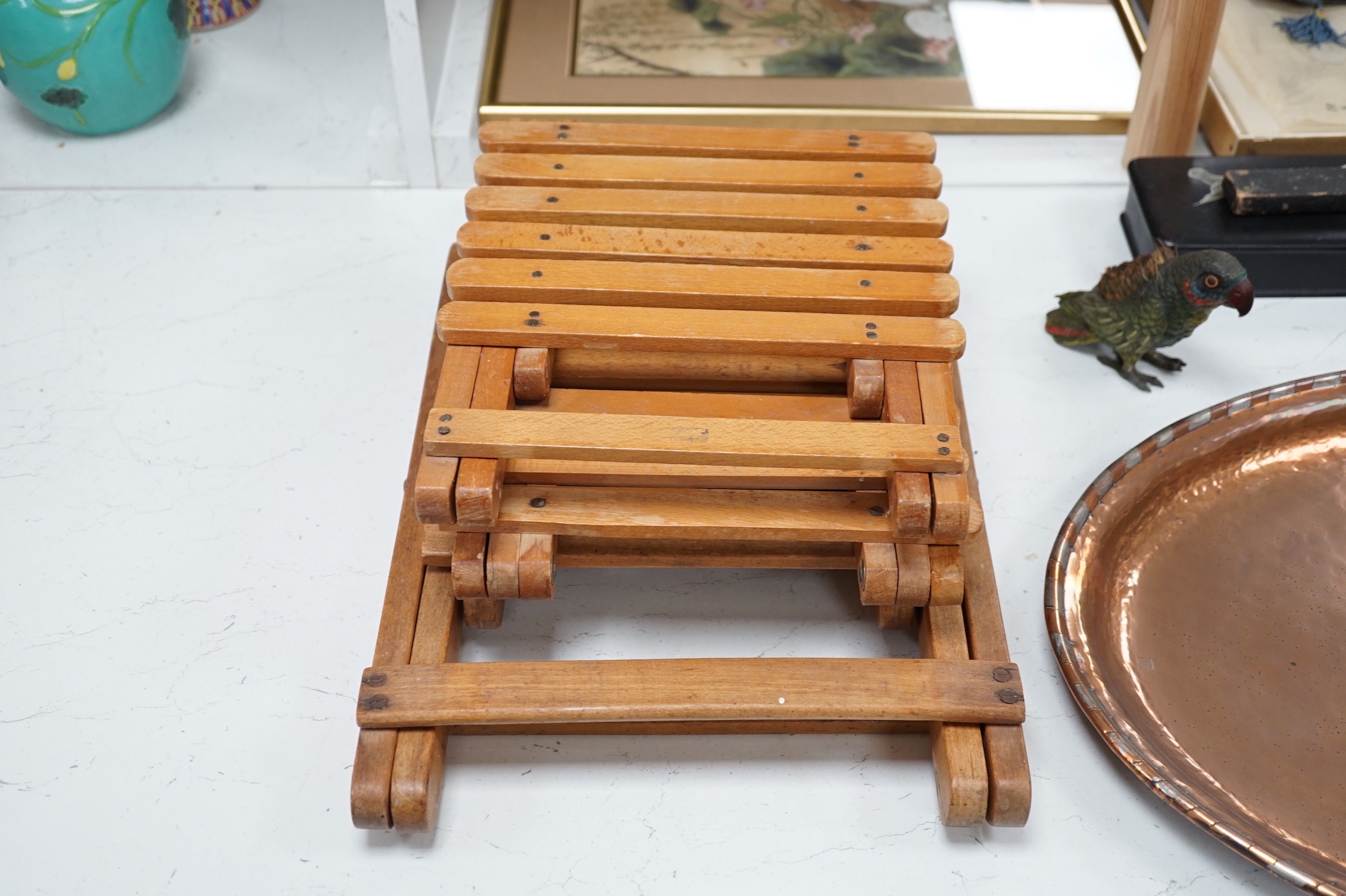 Slatted Beech child's furnishings: table, two stools and chair - Image 3 of 3