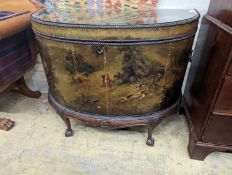 An early 20th century leather covered mahogany D shaped hinged top coffer painted with hunting
