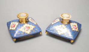 A pair of mid 19th century Paris porcelain 'cushion' shaped scent bottles decorated in Sevres