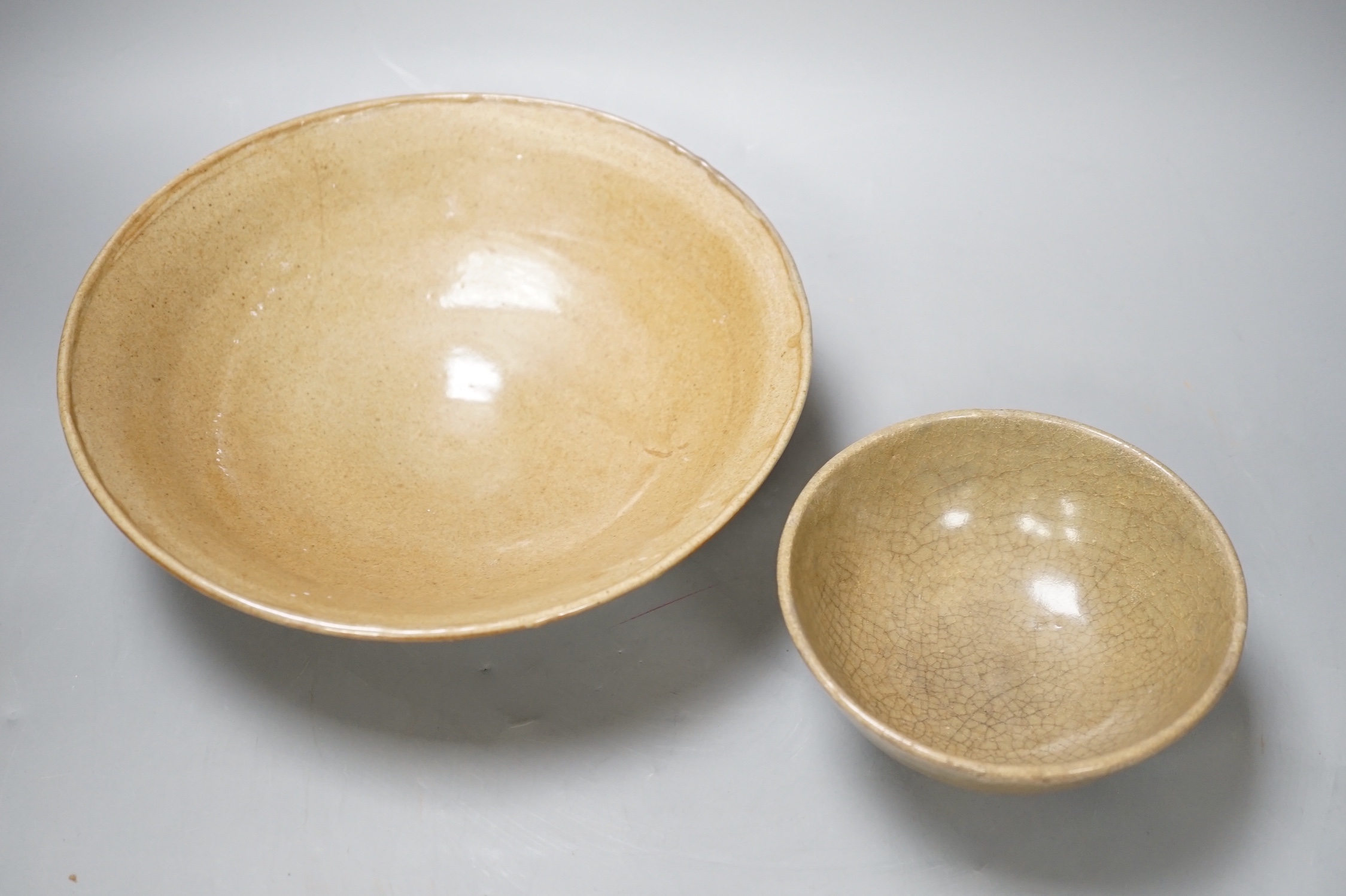 Two Chinese celadon bowls, Yuan - Min dynasty, largest 25cm - Image 2 of 4